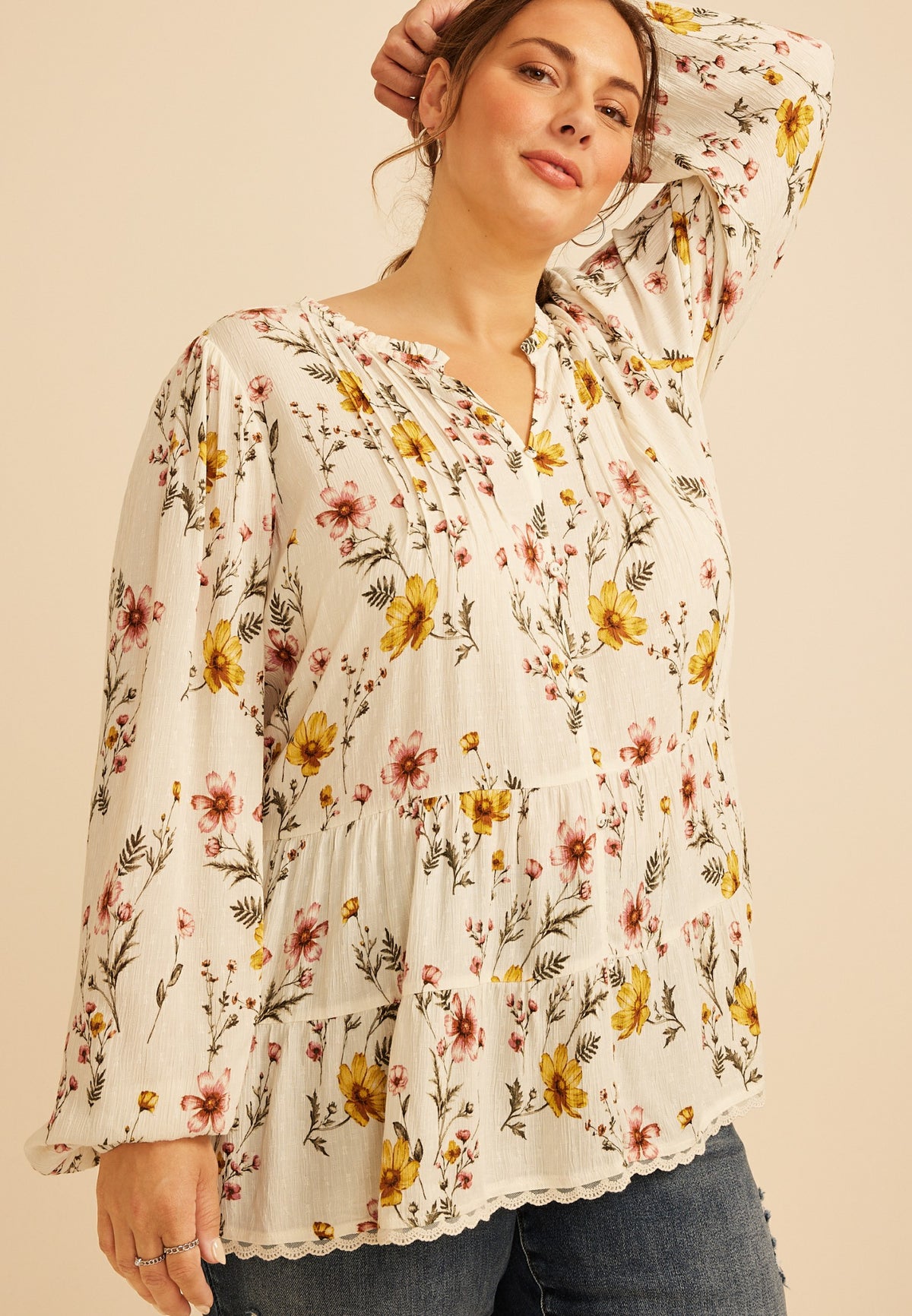 Plus Size Floral Print Tiered Peasant Blouse