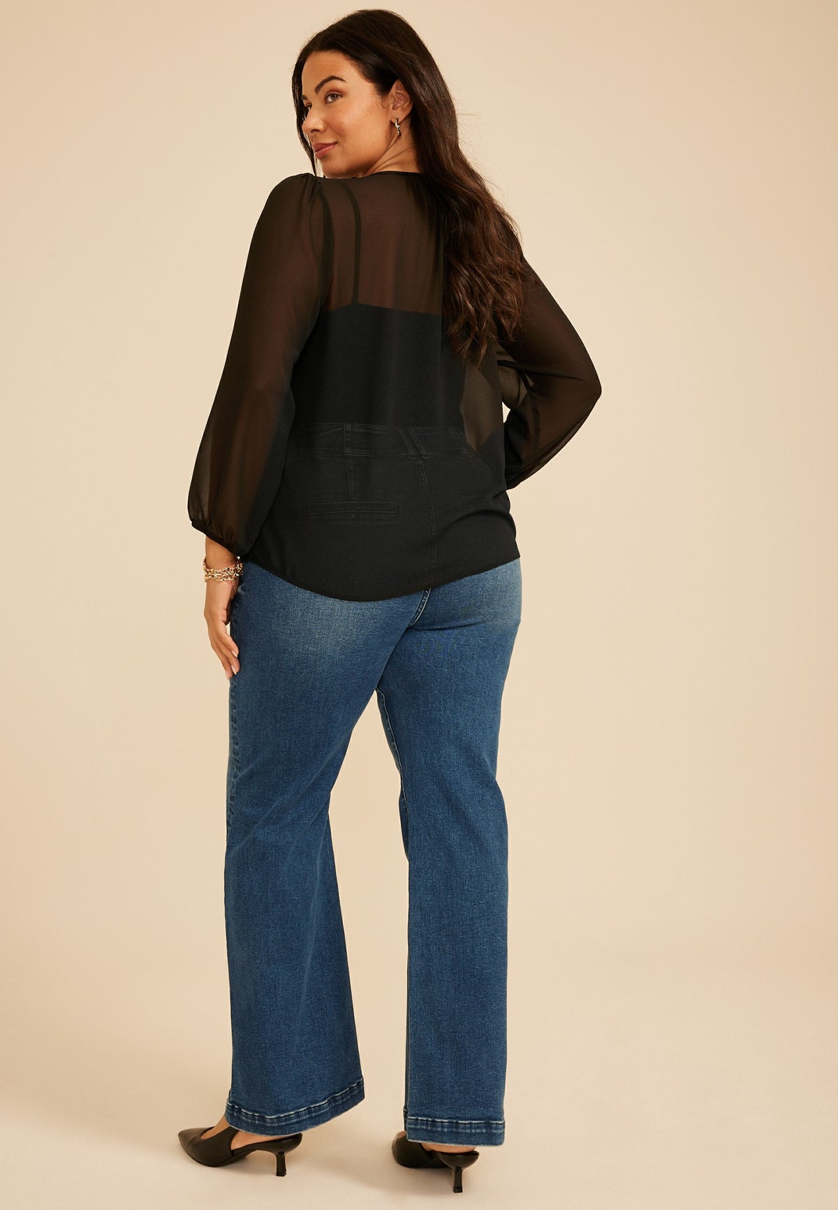 Plus Size Sheer Chiffon Henley Blouse