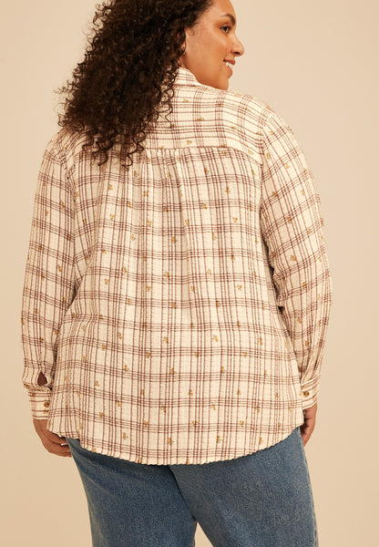 Plus Size Pucker Plaid Floral Button Down Shirt