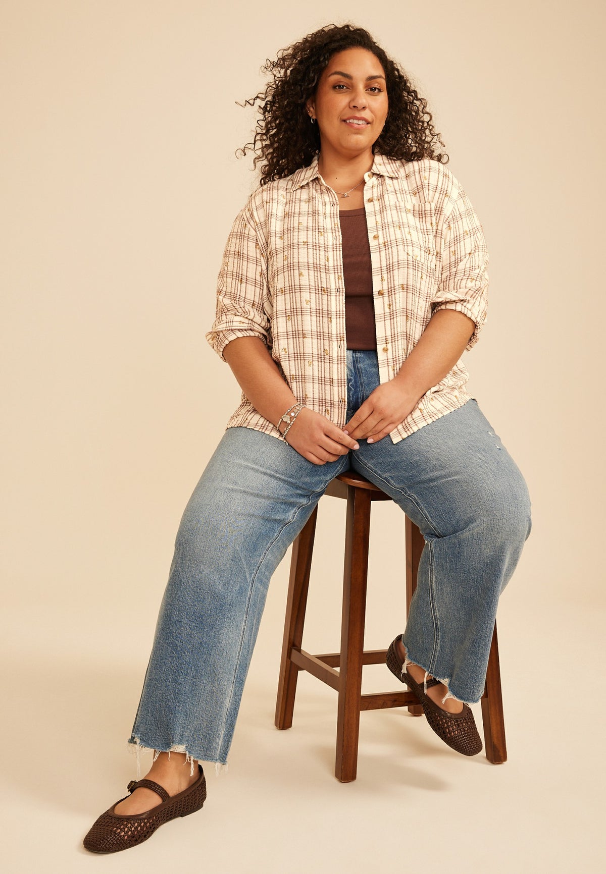Plus Size Pucker Plaid Floral Button Down Shirt