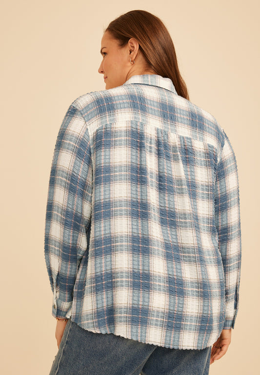 Plus Size Pucker Plaid Button Down Shirt