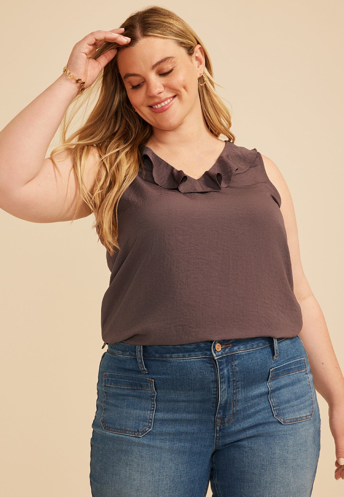Plus Size Ruffle Trim V Neck Tank Top
