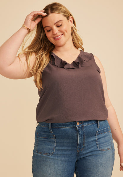 Plus Size Ruffle Trim V Neck Tank Top
