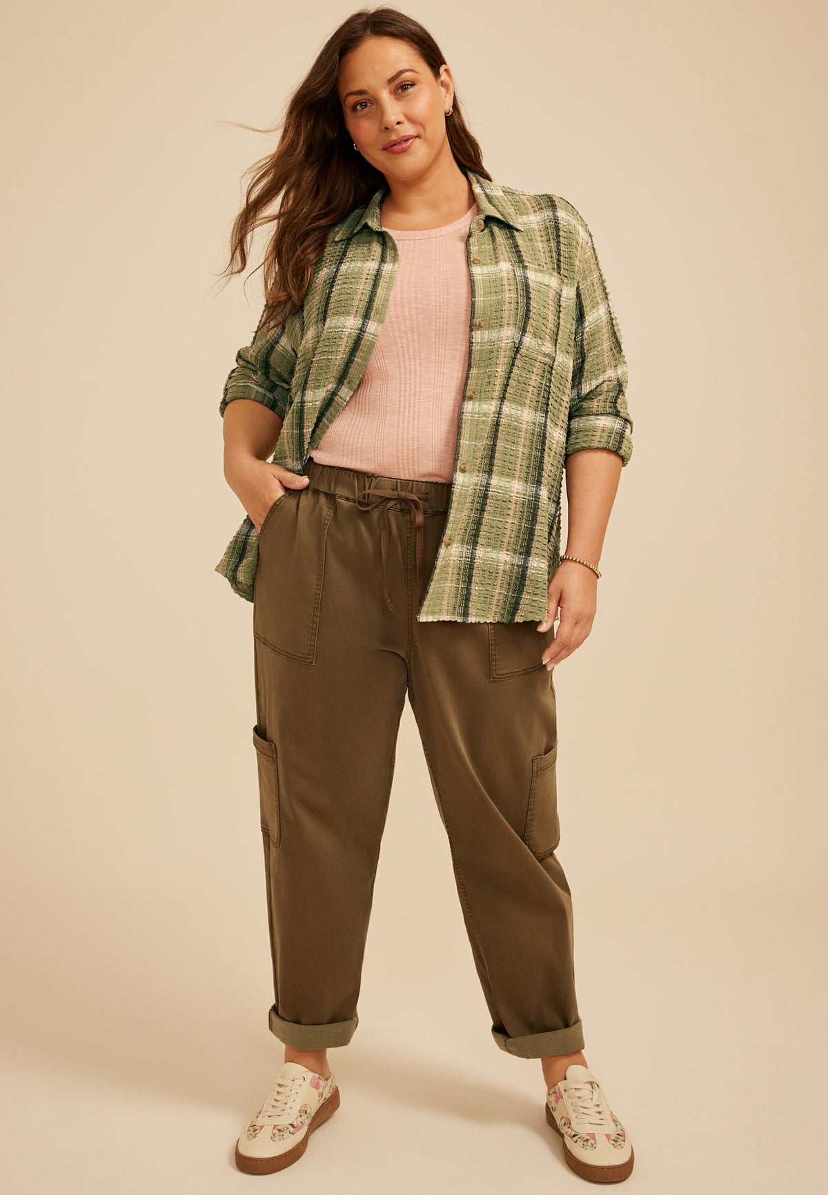 Plus Size Pucker Plaid Button Down Shirt