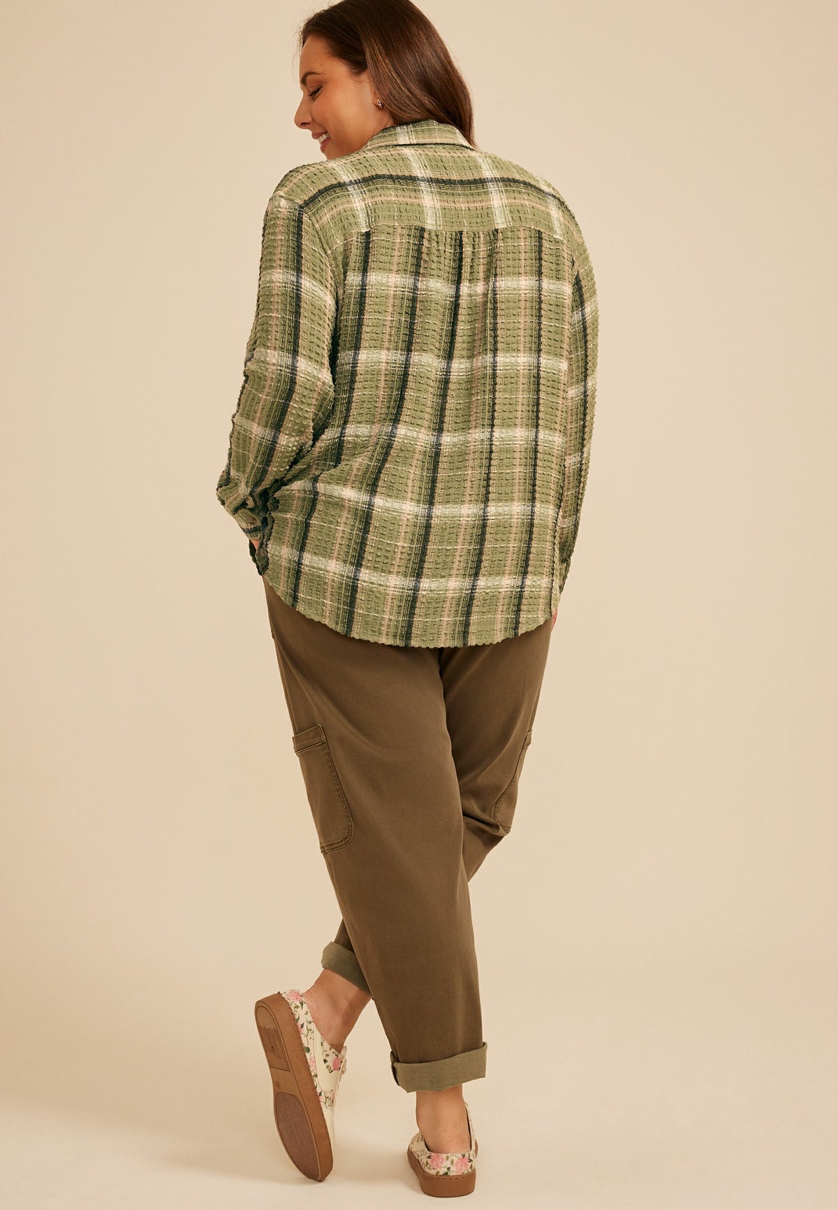 Plus Size Pucker Plaid Button Down Shirt