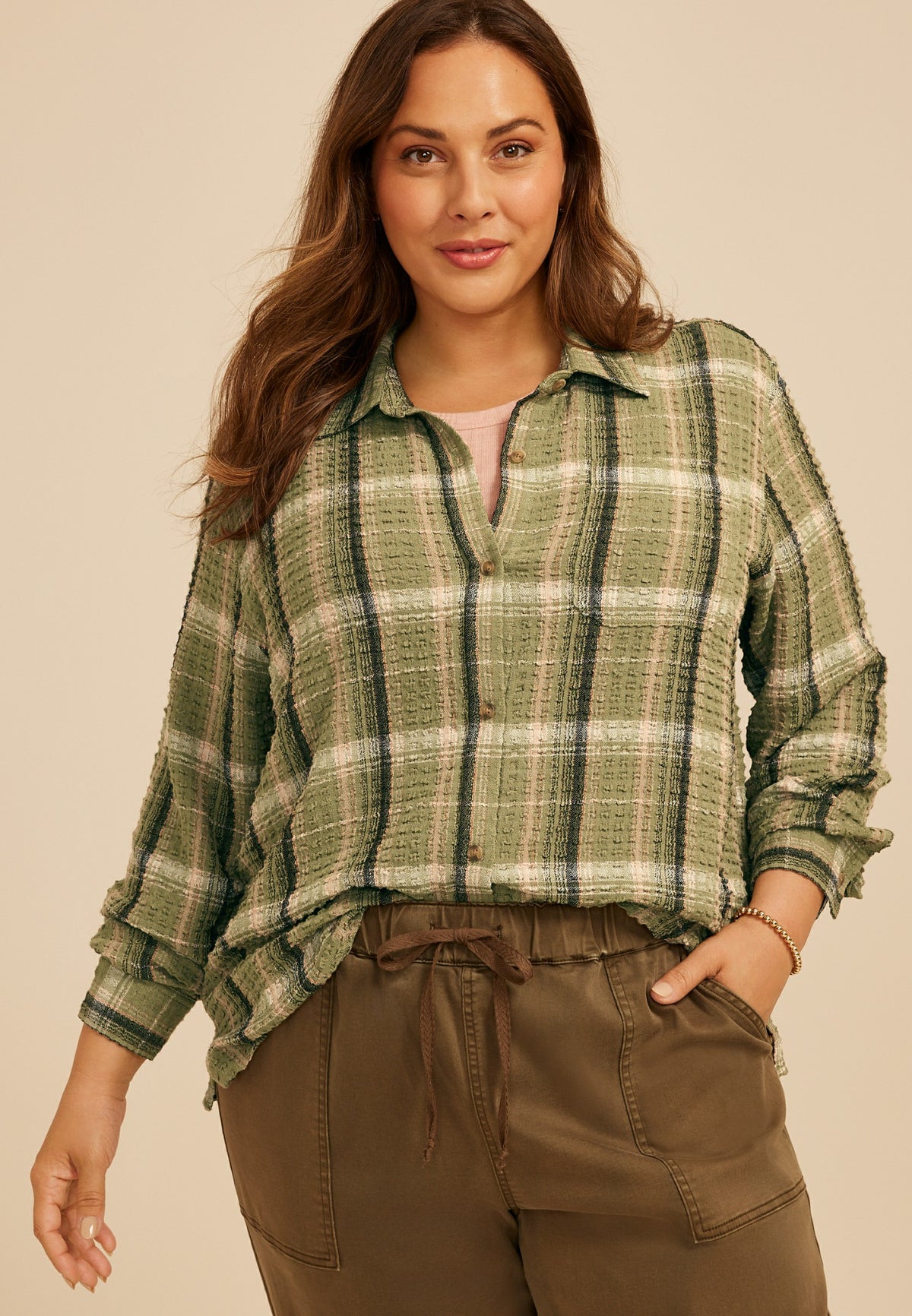 Plus Size Pucker Plaid Button Down Shirt