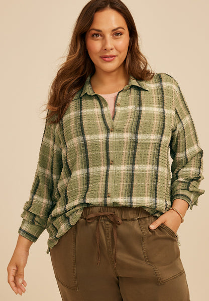Plus Size Pucker Plaid Button Down Shirt