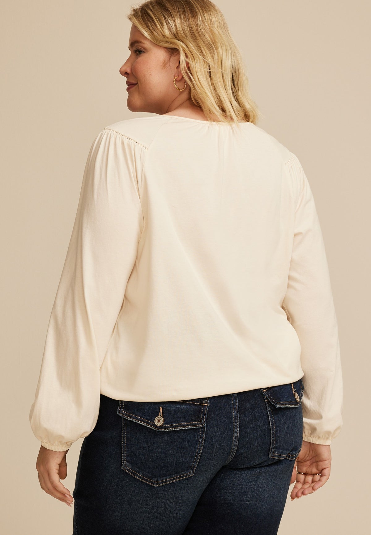 Plus Size Floral Embroidered Long Sleeve Blouse