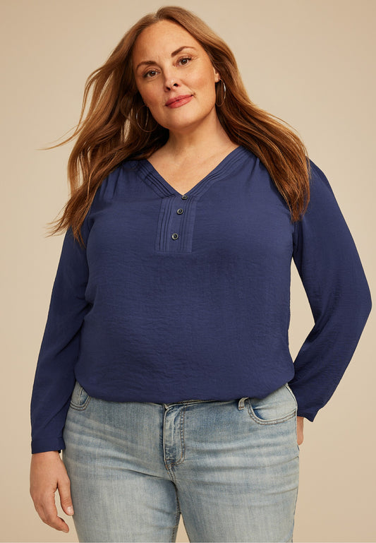 Plus Size Pleated V Neck Button Front Blouse