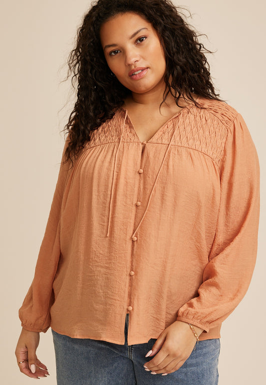 Plus Size Cinched Yoke Button Front Peasant Blouse