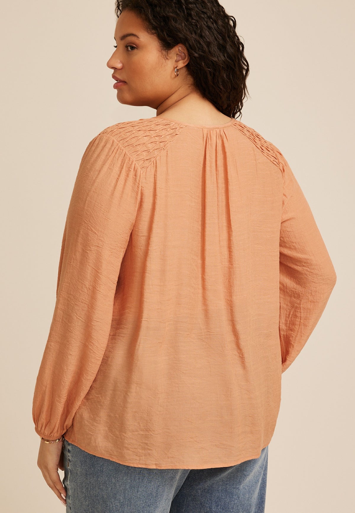 Plus Size Cinched Yoke Button Front Peasant Blouse