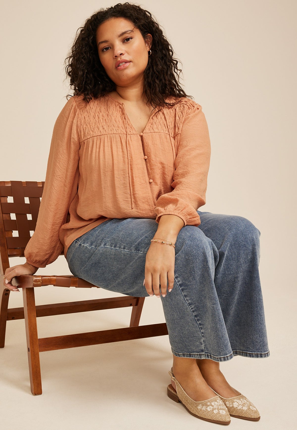 Plus Size Cinched Yoke Button Front Peasant Blouse