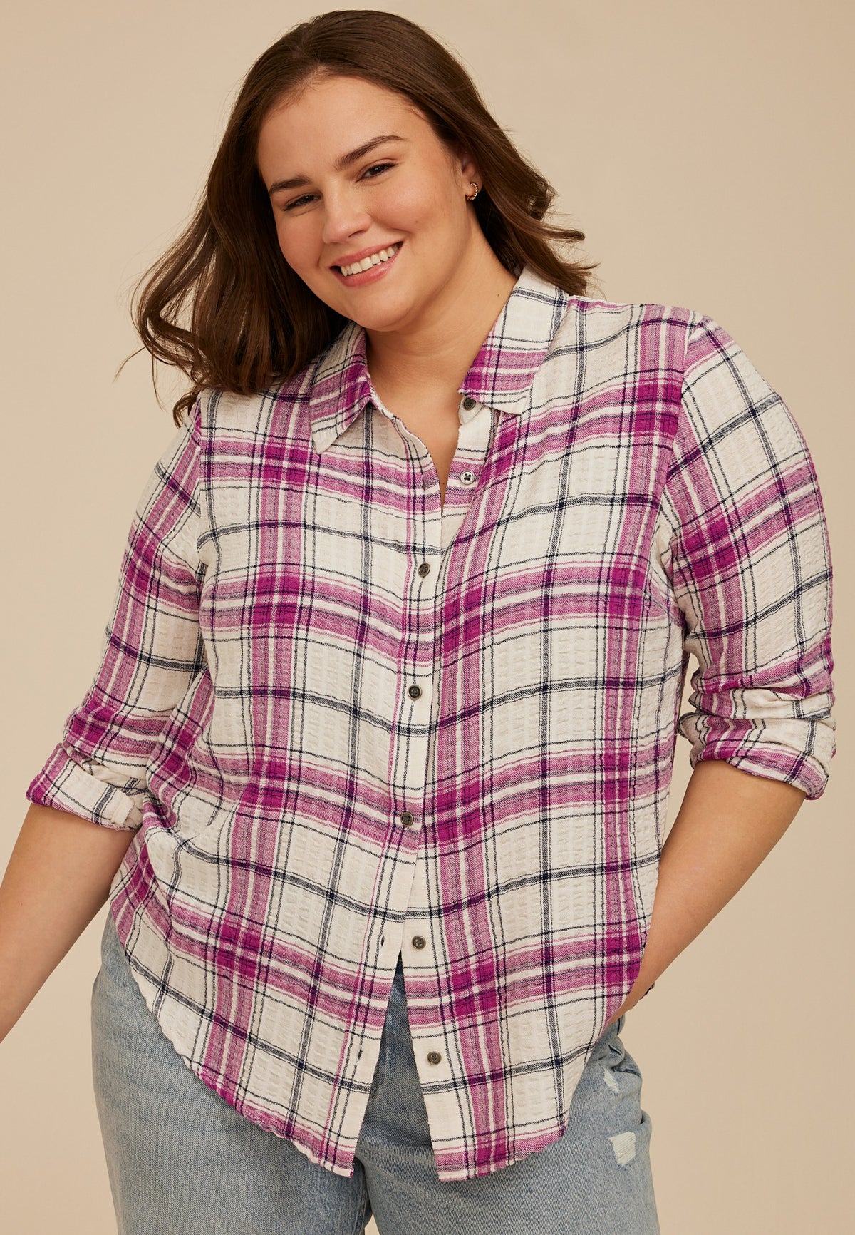 Plus Size Pucker Plaid Lace Back Button Down Shirt