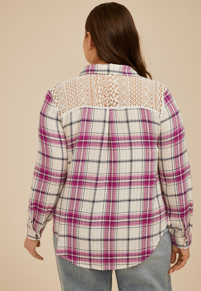 Plus Size Pucker Plaid Lace Back Button Down Shirt