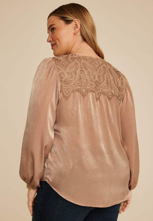 Plus Size Lace Yoke Satin Peasant Blouse