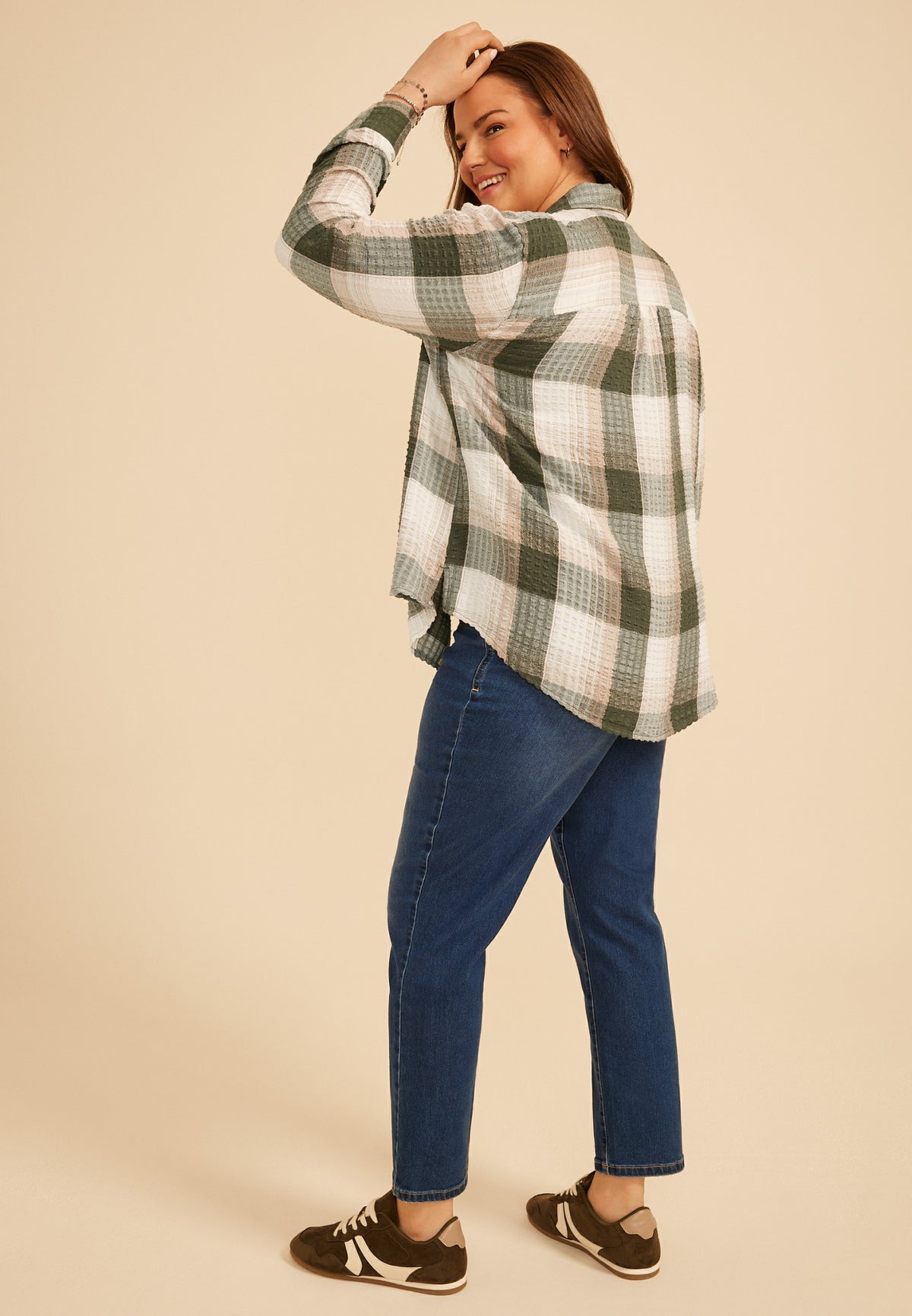 Plus Size Pucker Plaid Button Down Shirt