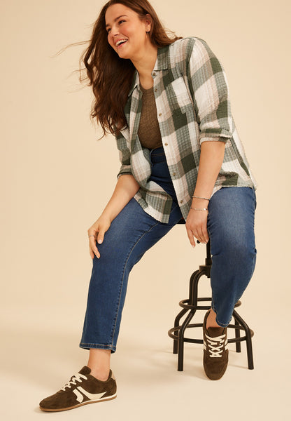 Plus Size Pucker Plaid Button Down Shirt