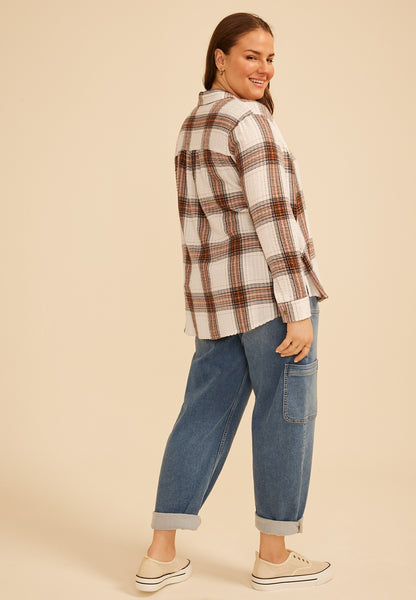 Plus Size Pucker Plaid Button Down Shirt