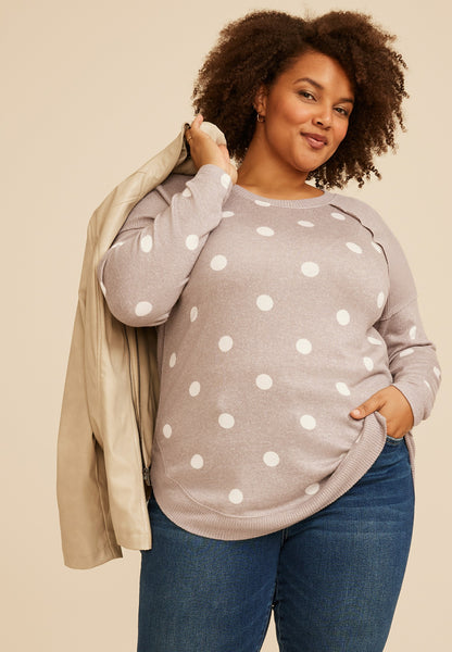 Plus Size Haven Polka Dot Ribbed Trim Hacci Tunic Top