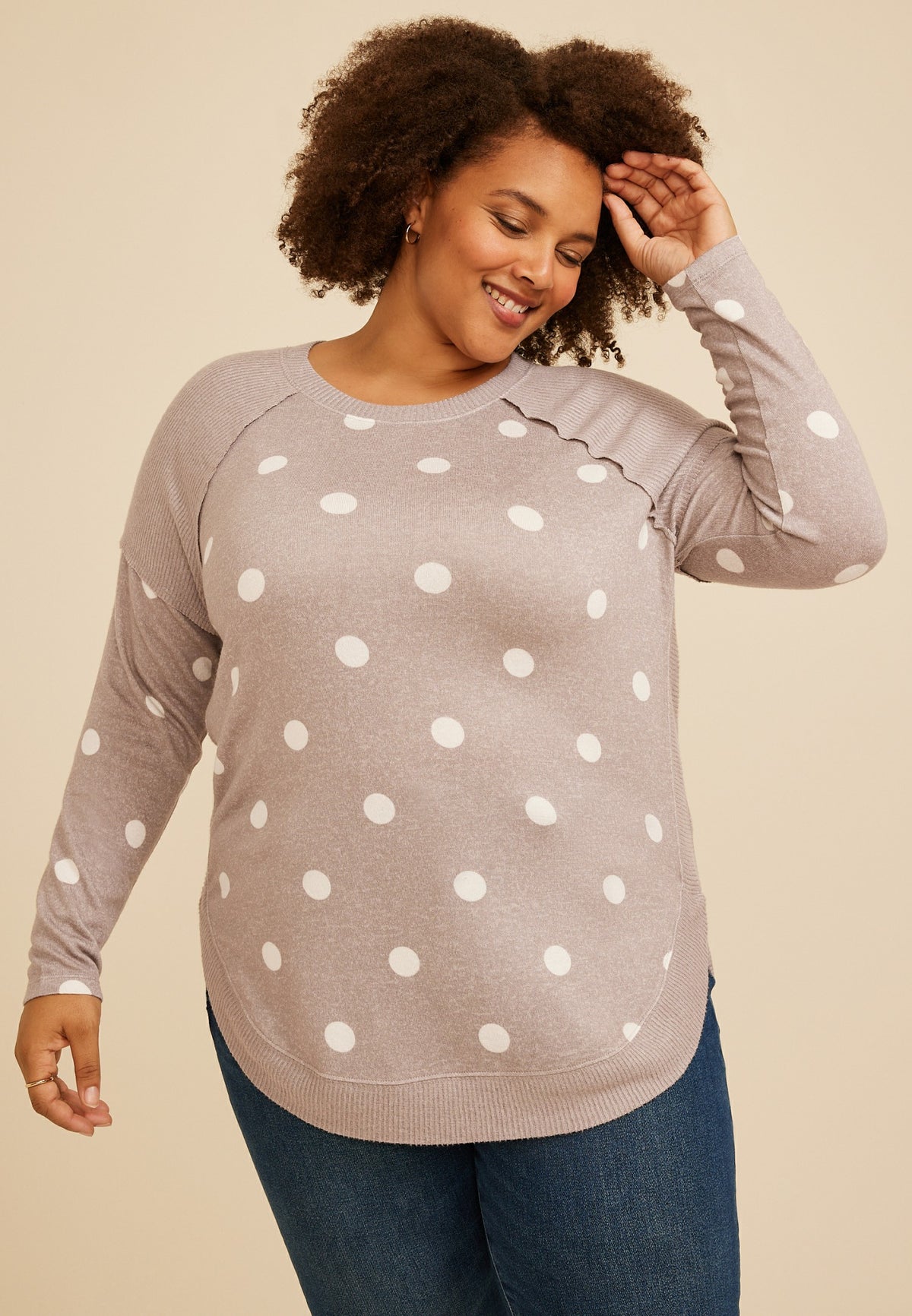 Plus Size Haven Polka Dot Ribbed Trim Hacci Tunic Top