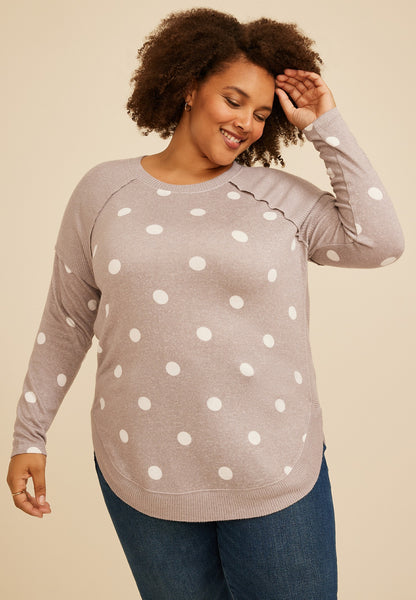 Plus Size Haven Polka Dot Ribbed Trim Hacci Tunic Top