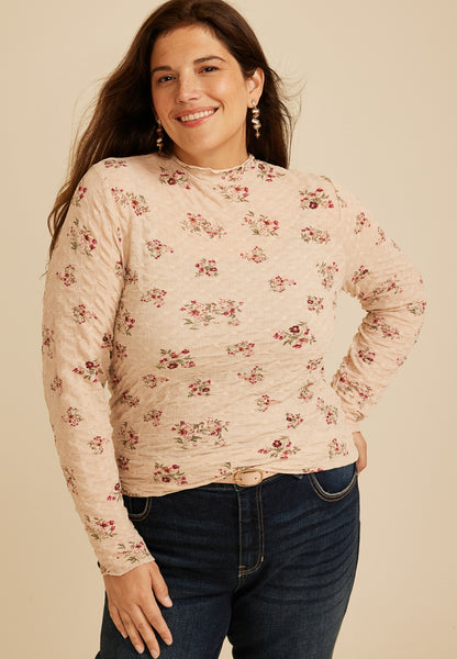 Plus Size Textured Floral Mesh Mock Neck Top