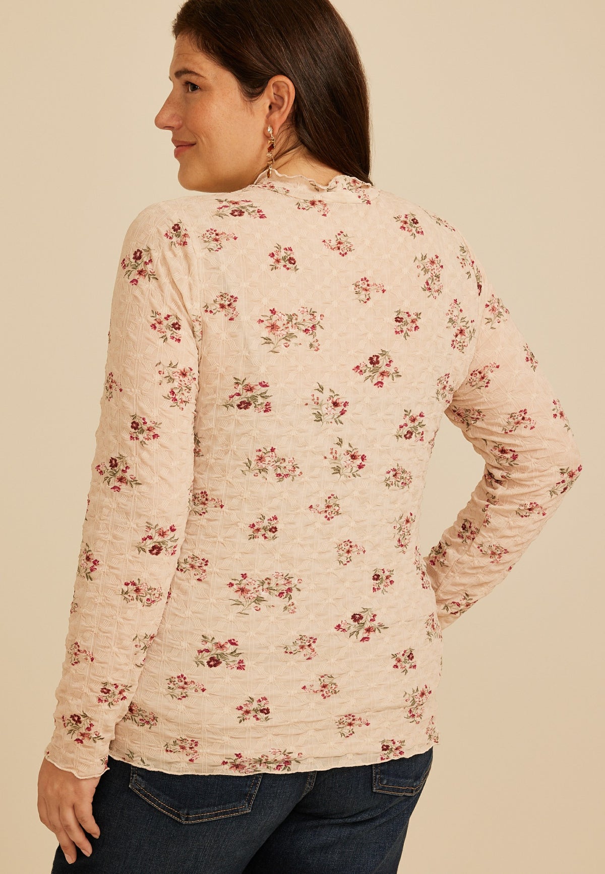 Plus Size Textured Floral Mesh Mock Neck Top