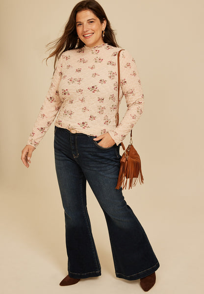 Plus Size Textured Floral Mesh Mock Neck Top