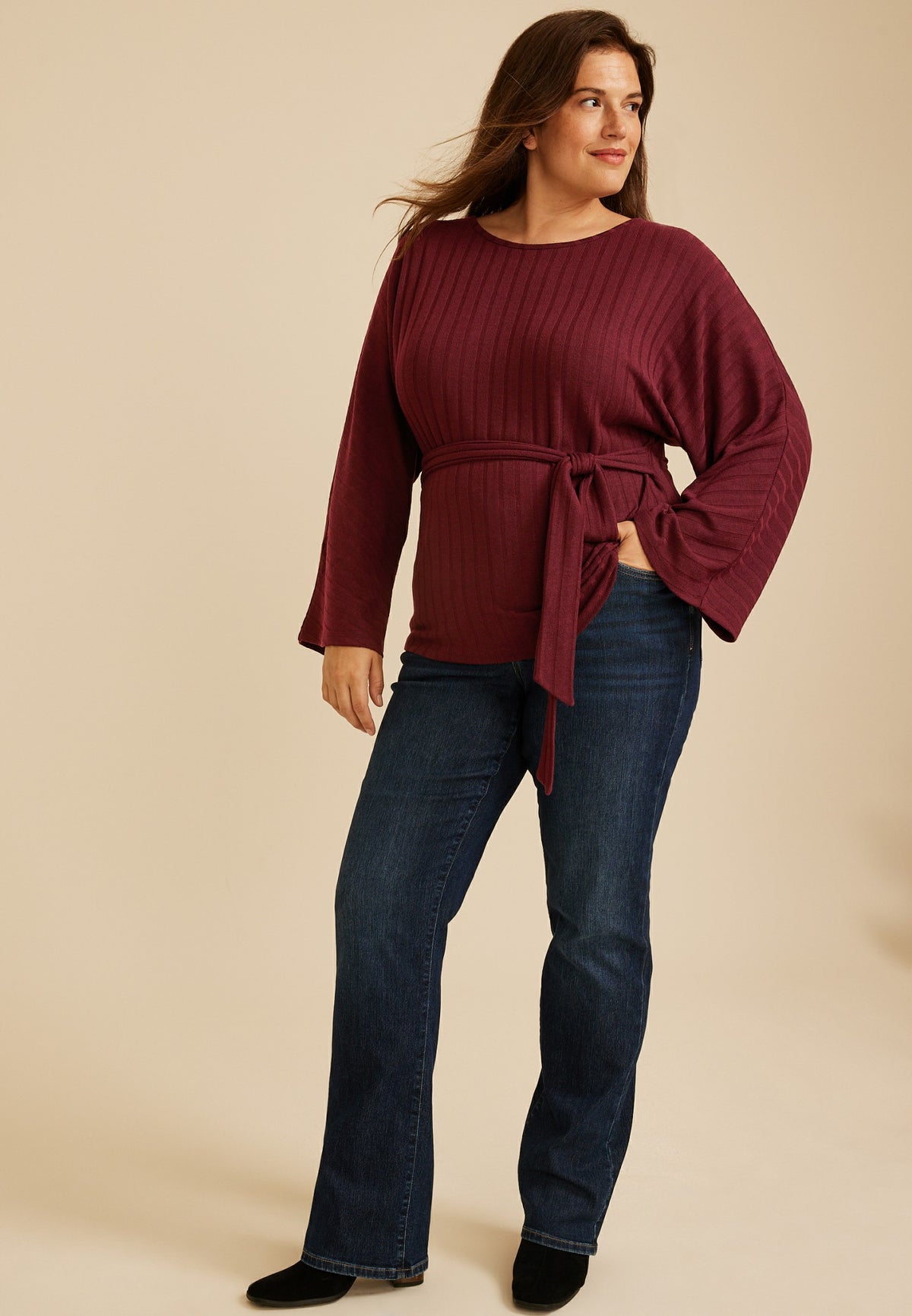 Plus Size Tie Front Rib Knit Cape Blouse