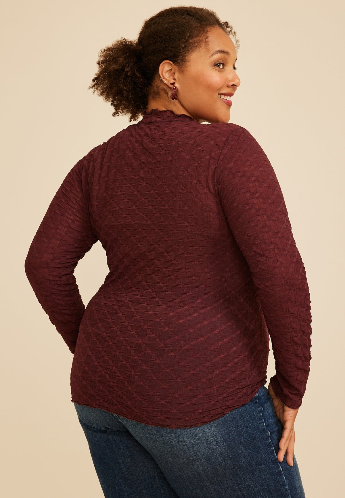Plus Size Textured Mesh Mock Neck Top