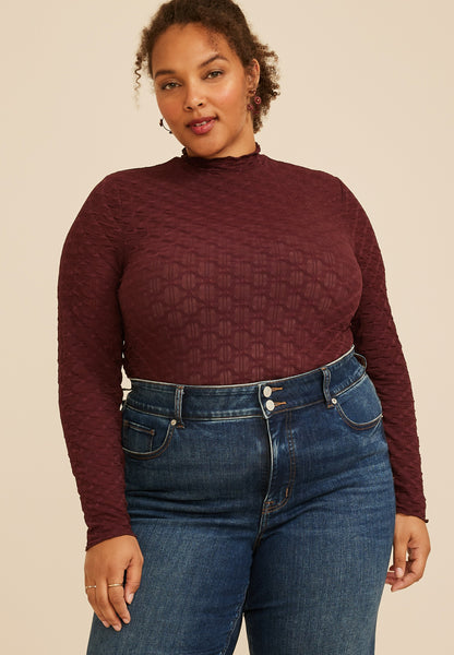 Plus Size Textured Mesh Mock Neck Top