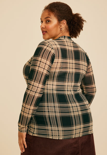 Plus Size Plaid Mesh Mock Neck Top