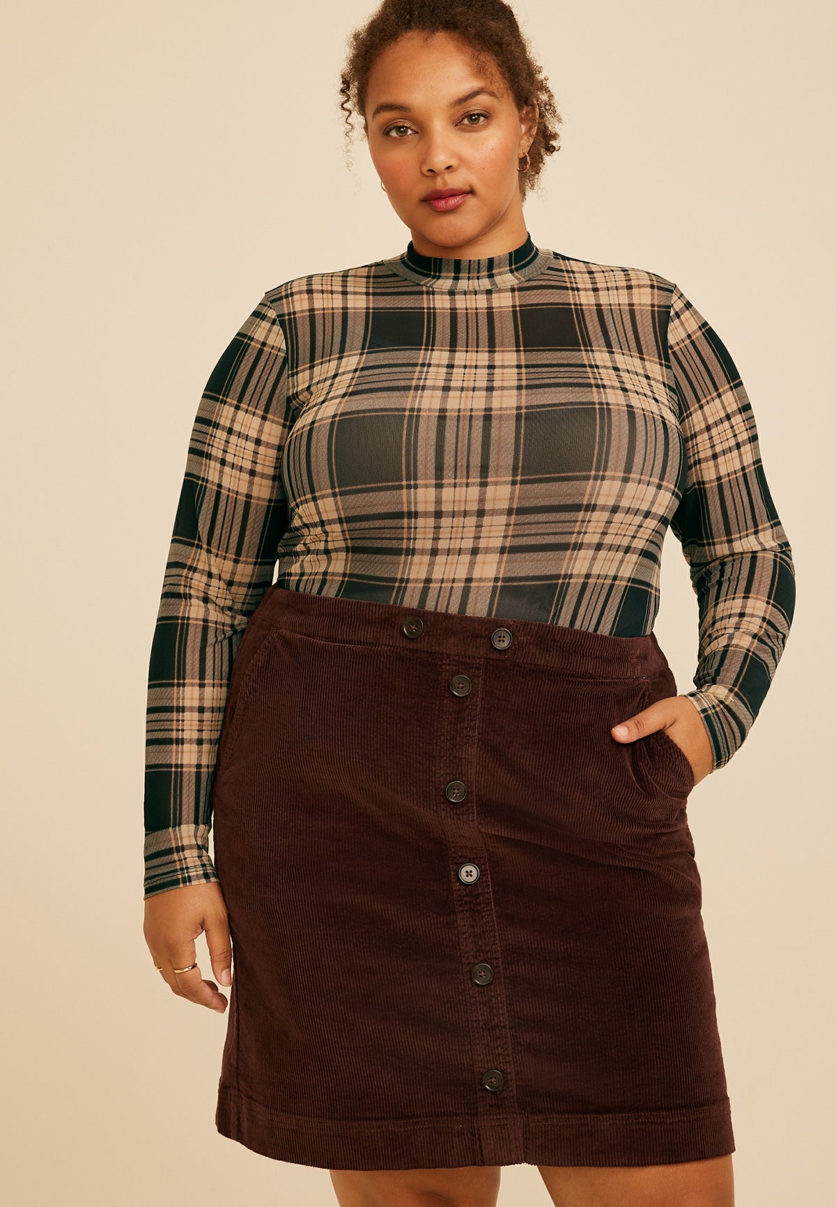 Plus Size Plaid Mesh Mock Neck Top