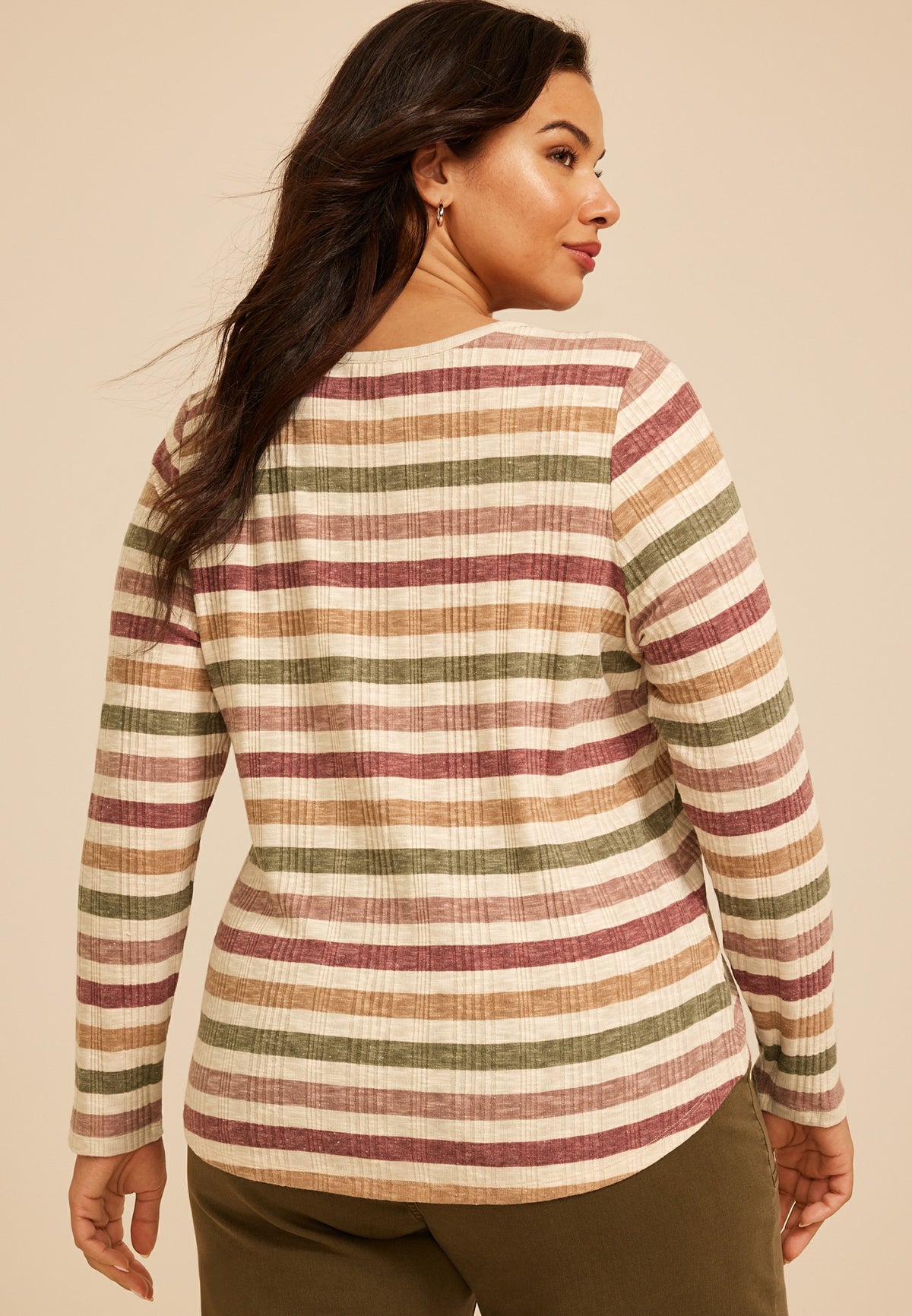 Plus Size Variegated Striped Rib Henley Long Sleeve Top