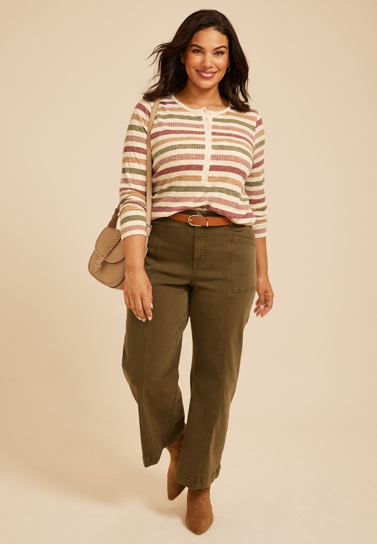 Plus Size Variegated Striped Rib Henley Long Sleeve Top