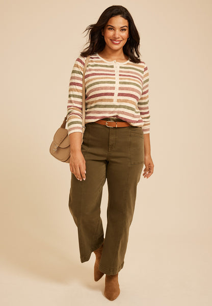 Plus Size Variegated Striped Rib Henley Long Sleeve Top