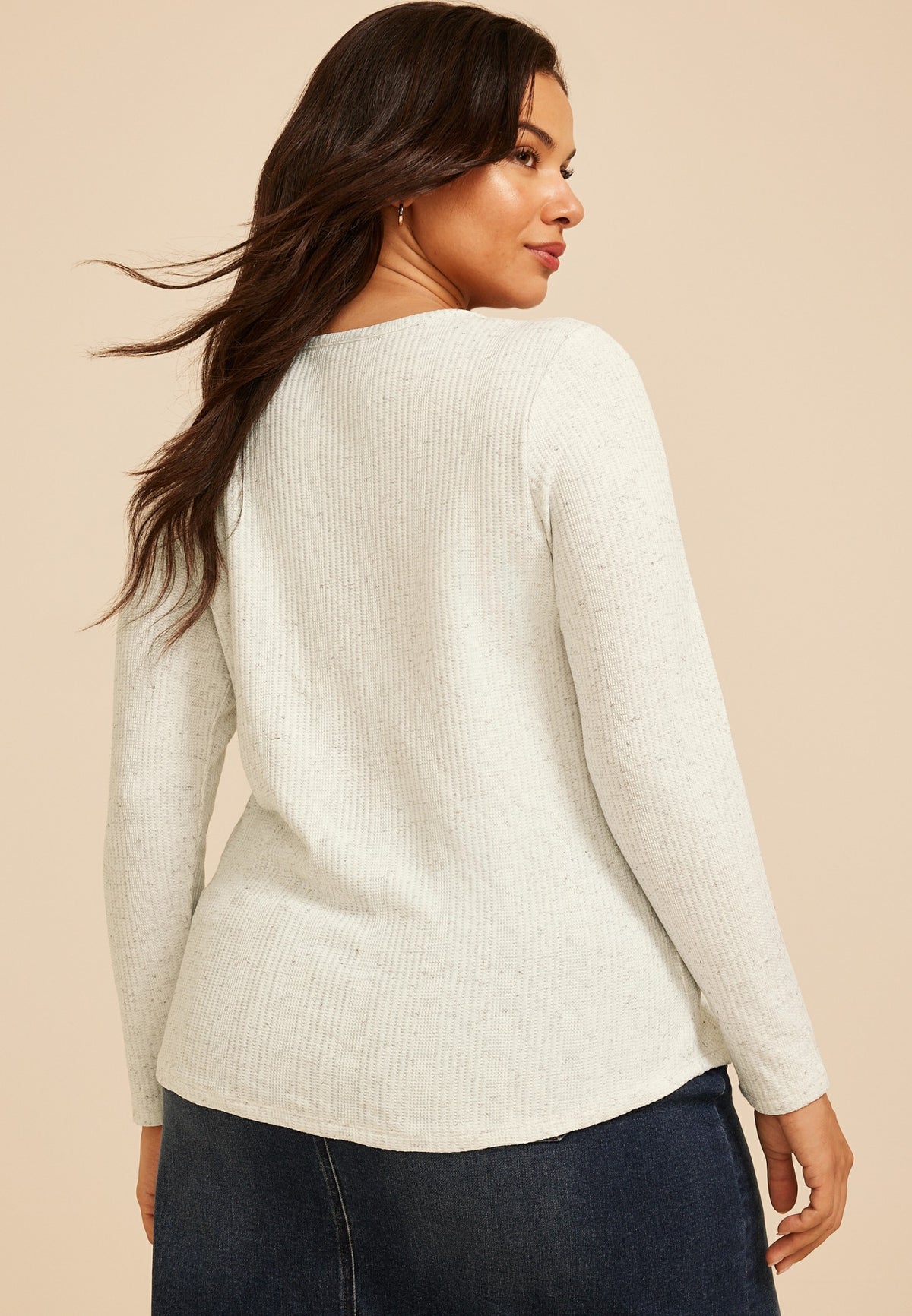 Plus Size Speckled Variegated Rib Henley Long Sleeve Top