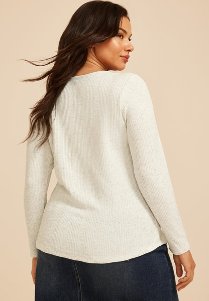 Plus Size Speckled Variegated Rib Henley Long Sleeve Top