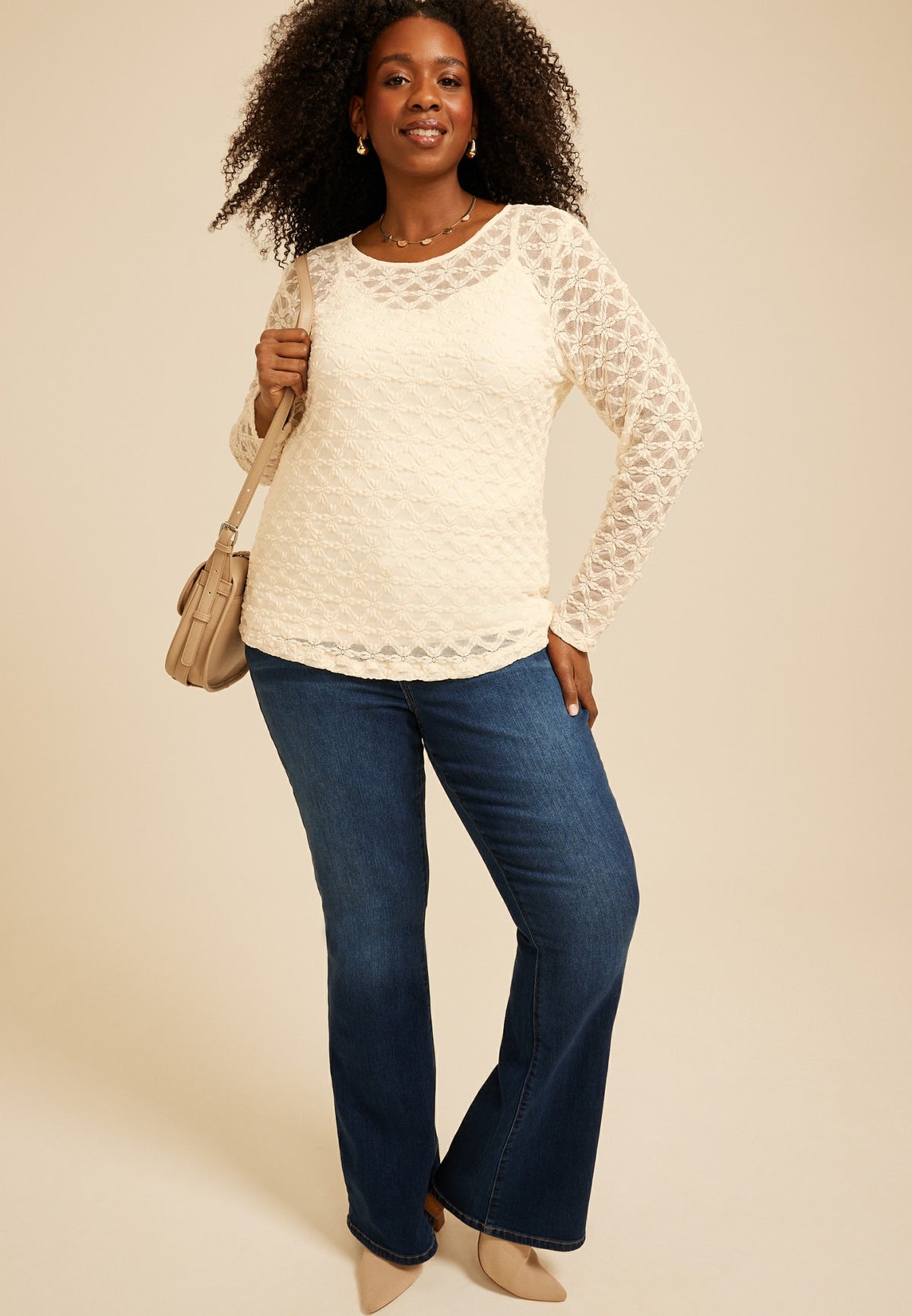 Plus Size Sheer Floral Lace Long Sleeve Top