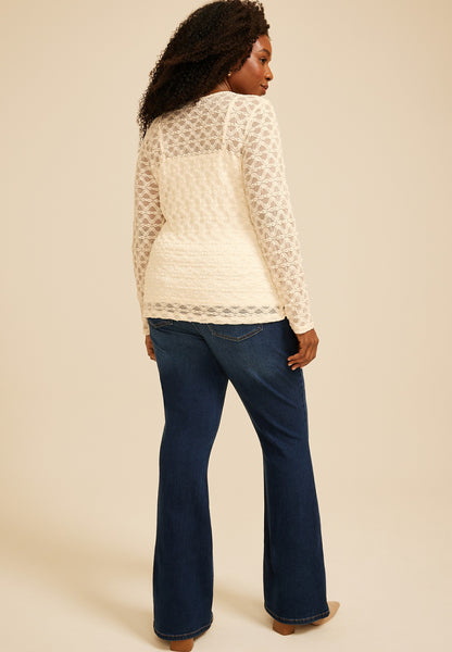 Plus Size Sheer Floral Lace Long Sleeve Top
