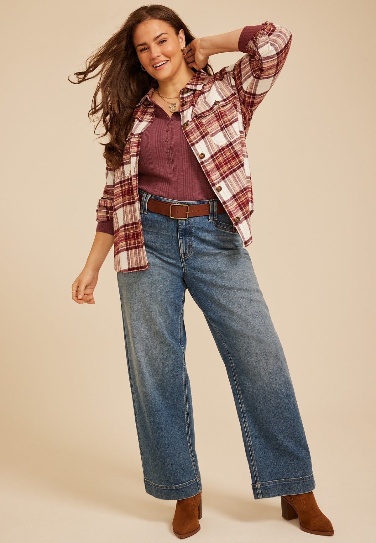 Plus Size Variegated Rib Henley Long Sleeve Top