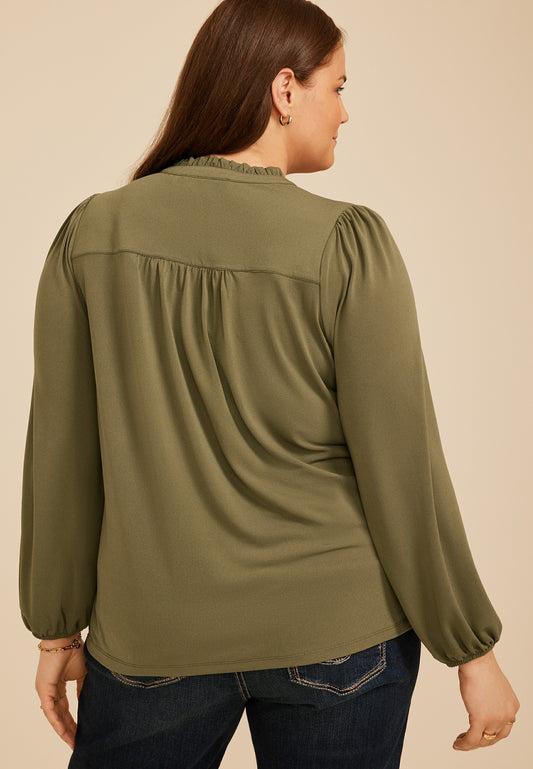 Plus Size Embroidered Ruffle Trim Henley Blouse