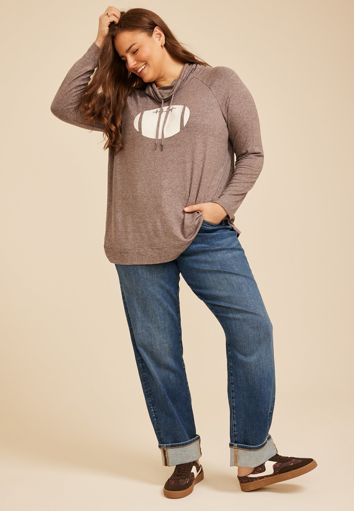 Plus Size Haven Football Graphic Cowl Neck Top