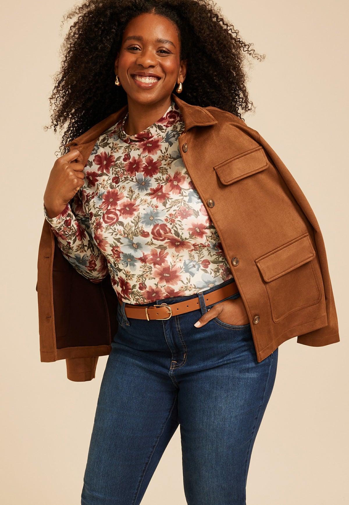 Plus Size Floral Mesh Mock Neck Top
