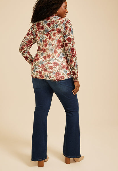 Plus Size Floral Mesh Mock Neck Top