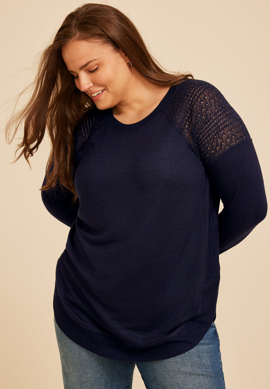Plus Size Haven Crochet Shoulder Long Sleeve Tunic Top