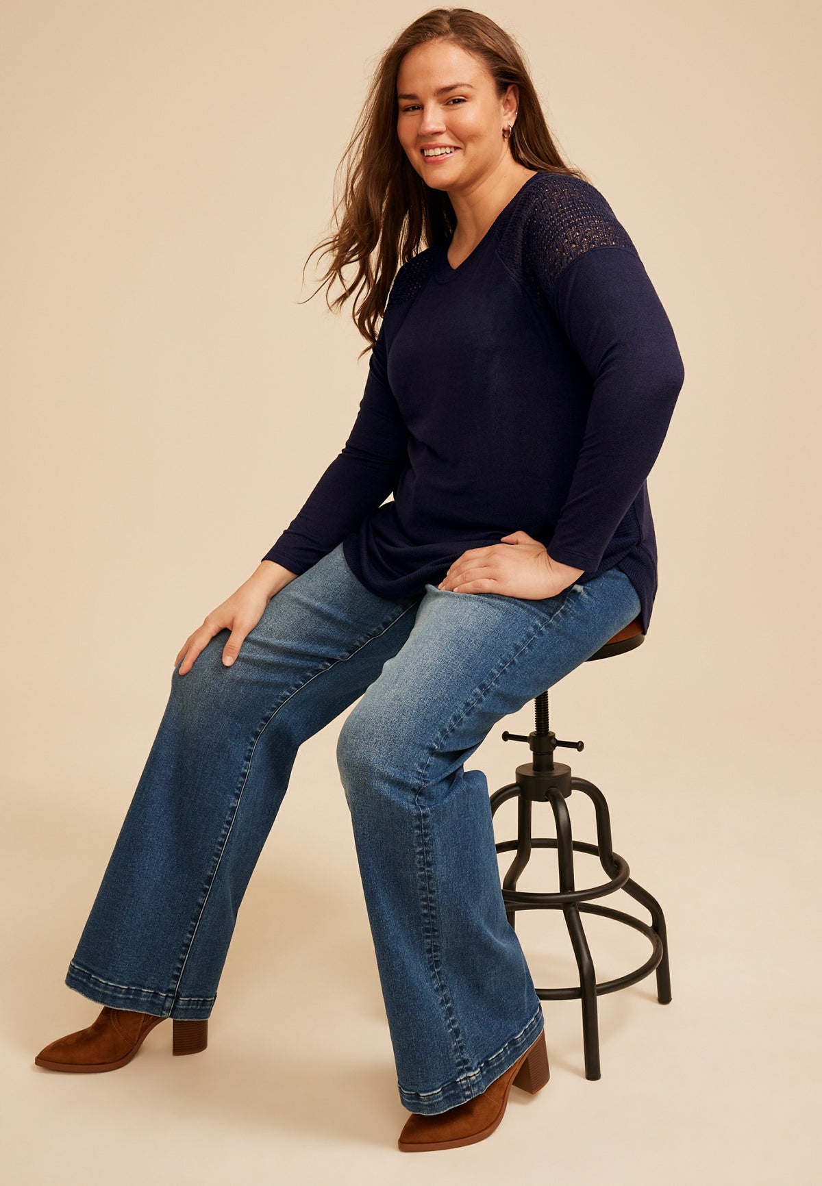 Plus Size Haven Crochet Shoulder Long Sleeve Tunic Top