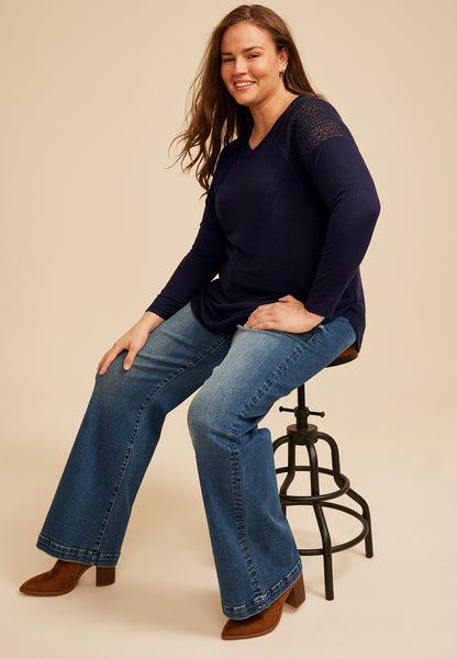 Plus Size Haven Crochet Shoulder Long Sleeve Tunic Top