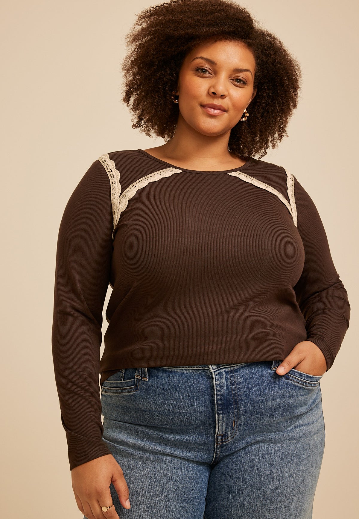 Plus Size Crochet Trim Ribbed Raglan Top