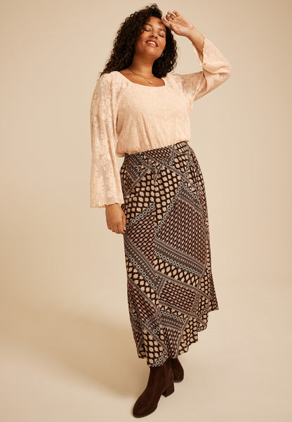 Plus Size Pleated Lace Square Neck Blouse